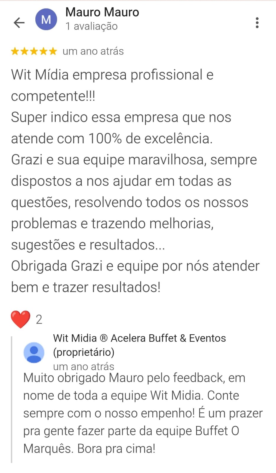 Avaliação no Google de Mauro Mauro sobre a WIT MIDIA