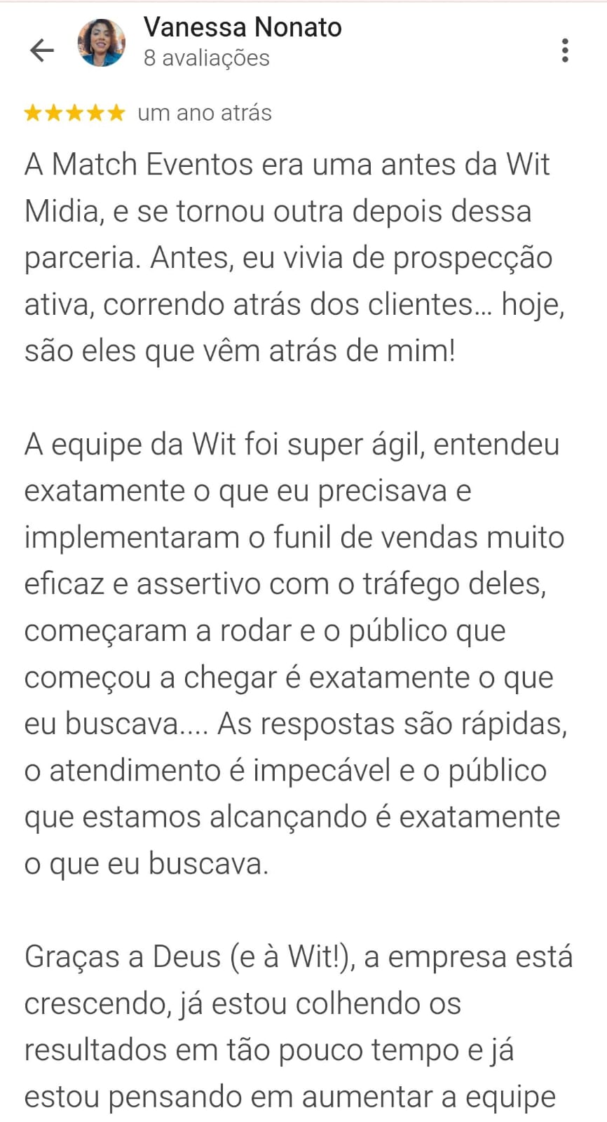 Avaliação no Google de Vanessa Nonato sobre a WIT MIDIA